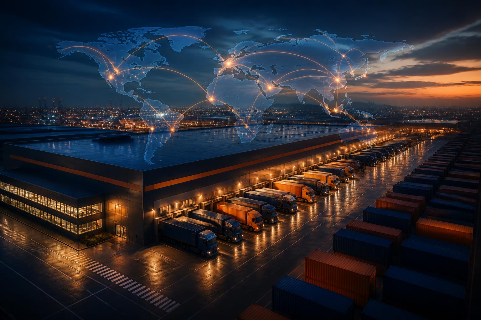 Modern logistics hub with trucks, shipping containers and global connectivity